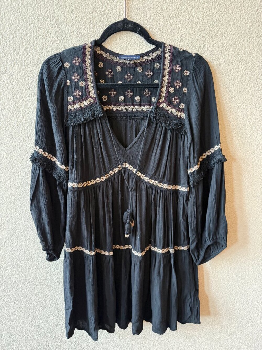 American Eagle Black Boho Embroidered Tiered Mini Dress Sz XS Tassel Tie